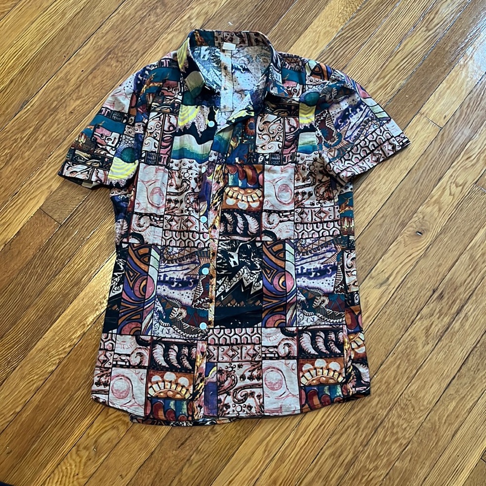 Multi patterned button down shirt